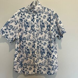 Denim & Flower Blue Hawaiian Button Up Shirt Men's XL 100% Cotton Short Sleeve